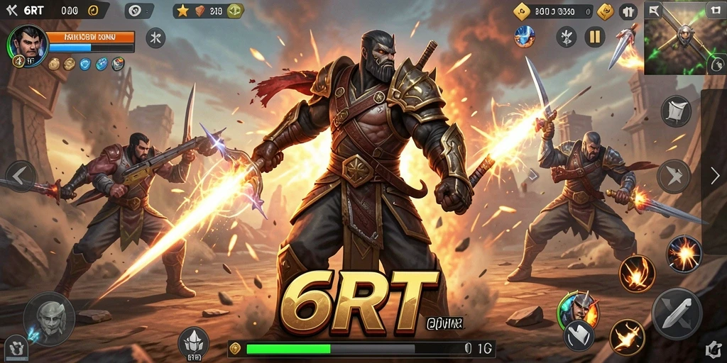 Tangkapan layar gameplay 6RT yang intens menampilkan karakter bertarung.