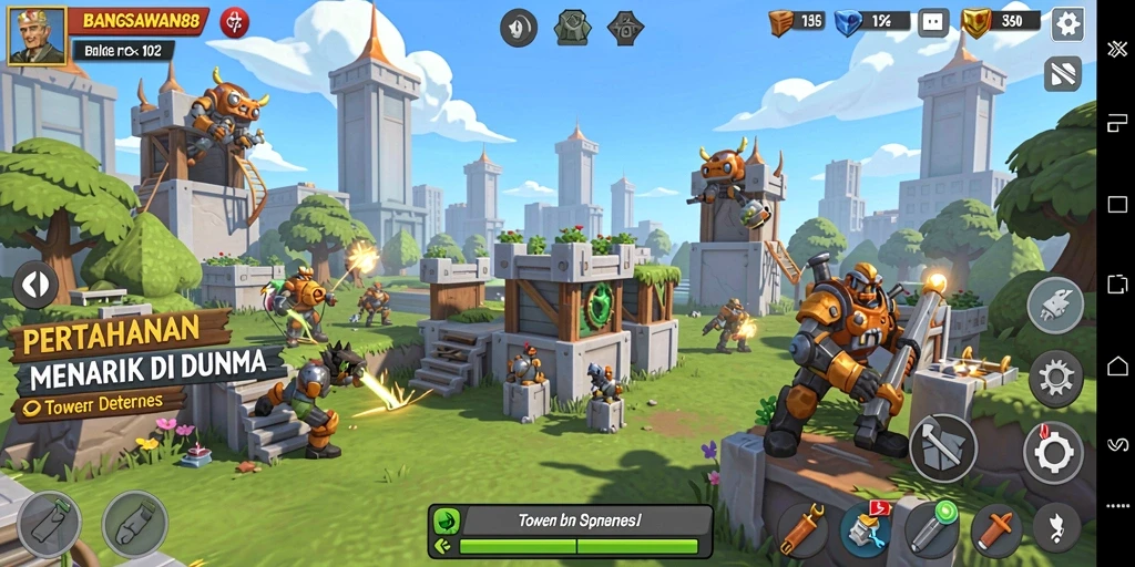 Tangkapan layar gameplay menampilkan menara yang berdiri kokoh melawan gelombang musuh.