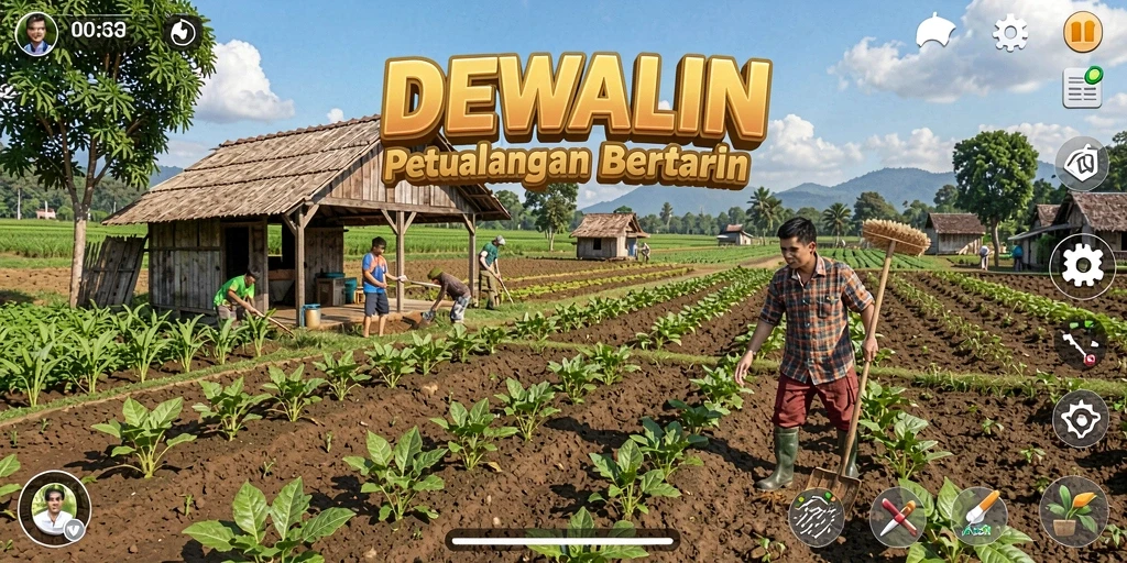 Tangkapan layar gameplay DEWALIN menampilkan suasana pertanian yang asri dan interaktif.