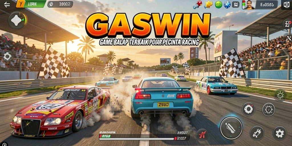 Tampilan gameplay GASWIN yang mendebarkan dengan mobil balap berkualitas.