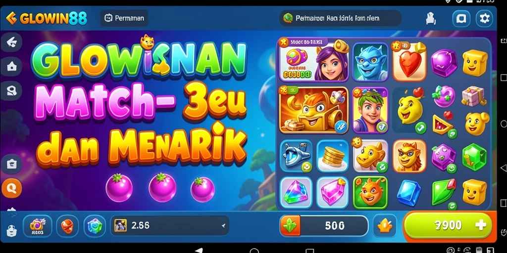 Tampilan permainan GLOWIN88 dengan simbol warna-warni dan tantangan Match-3.