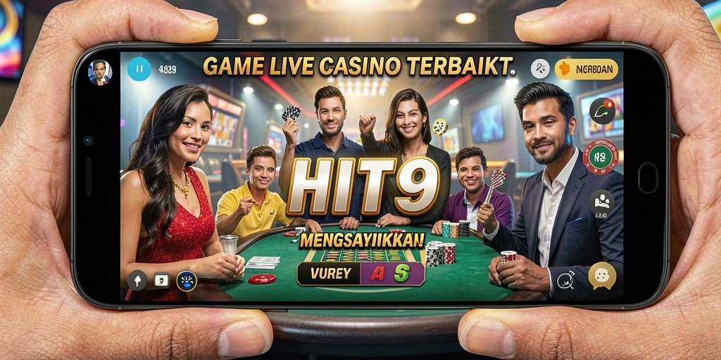 Screenshot gameplay HIT9 menampilkan dealer profesional dan suasana kasino yang hidup.