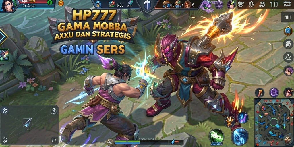 Screenshot permainan MOBA HP777 dengan aksi seru di arena pertempuran.