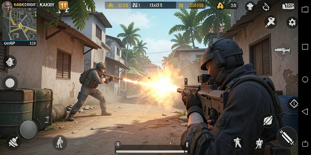 Screenshot utama KAKRP menampilkan aksi tembak-menembak yang seru.