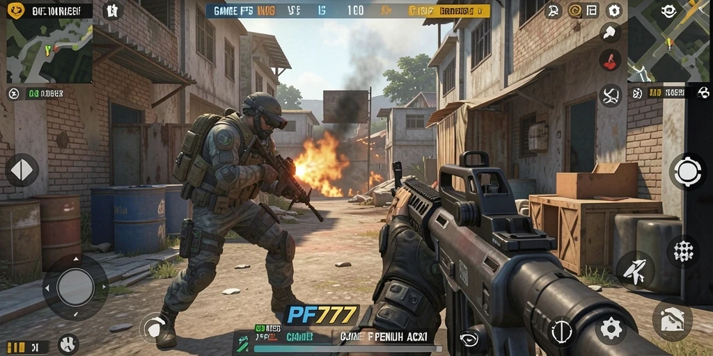 Tampilan gameplay PF777 dengan aksi menegangkan di medan perang FPS.
