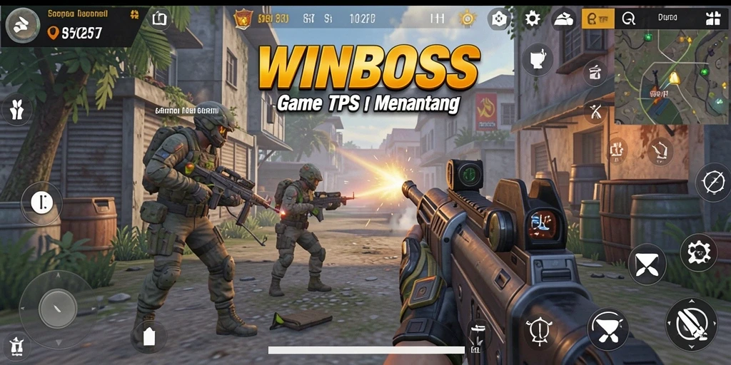 Screenshot gameplay WINBOSS menampilkan aksi tembak-menembak yang mendebarkan.
